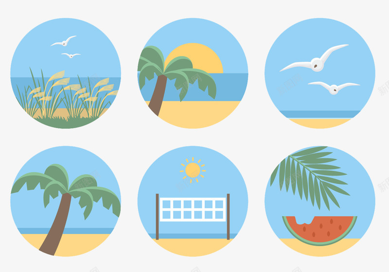 卡通热带沙滩图标png_新图网 https://ixintu.com 合集 图标 彩色 旅游 椰树 沙滩 海鸥