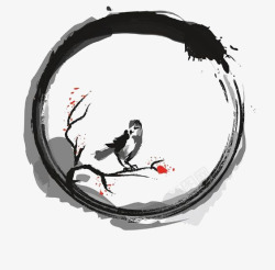枝条小鸟印花圆形水墨装饰高清图片