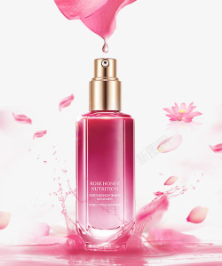 透明瓶子粉色化妆品飘散的花瓣装饰高清图片