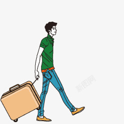 拖着行李手绘插画男人拖着行李箱高清图片