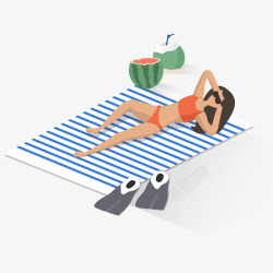 女人沙滩晒太阳立体插画素材