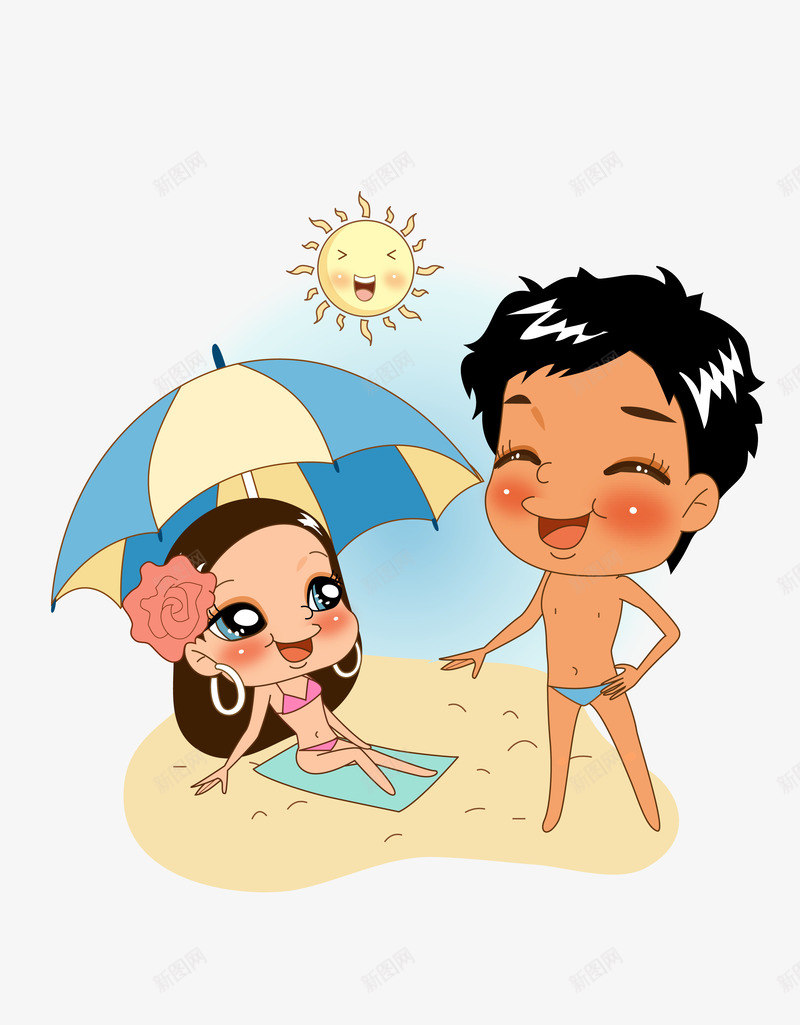 沙滩上休闲的男女png免抠素材_新图网 https://ixintu.com 卡通 沙滩 男女