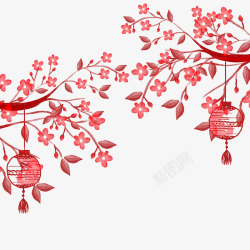 灯笼桃花手绘中国风灯笼高清图片