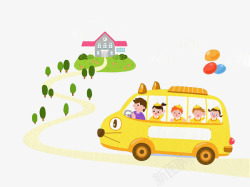 手绘卡通安全通道矢量儿童坐校车去学校高清图片