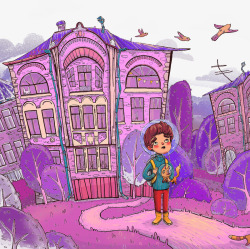彩绘粉色楼房和小男孩素材