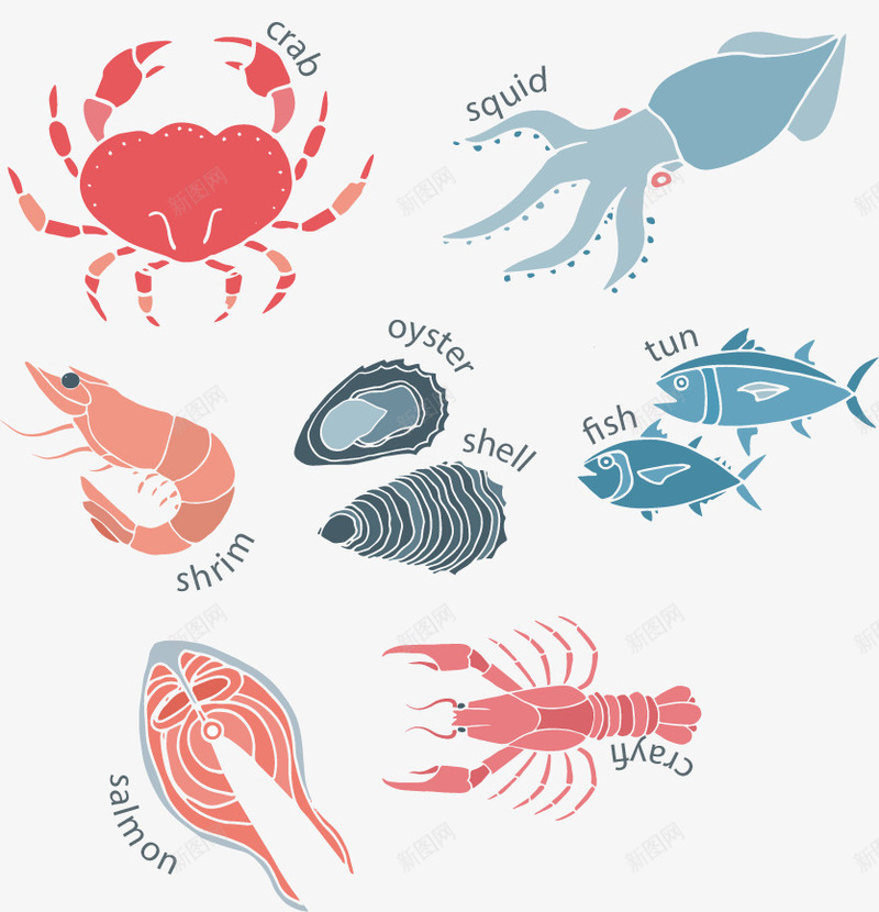 手绘海鲜png免抠素材_新图网 https://ixintu.com 卡通 手绘 海洋动物 海鲜 章鱼 螃蟹 龙虾