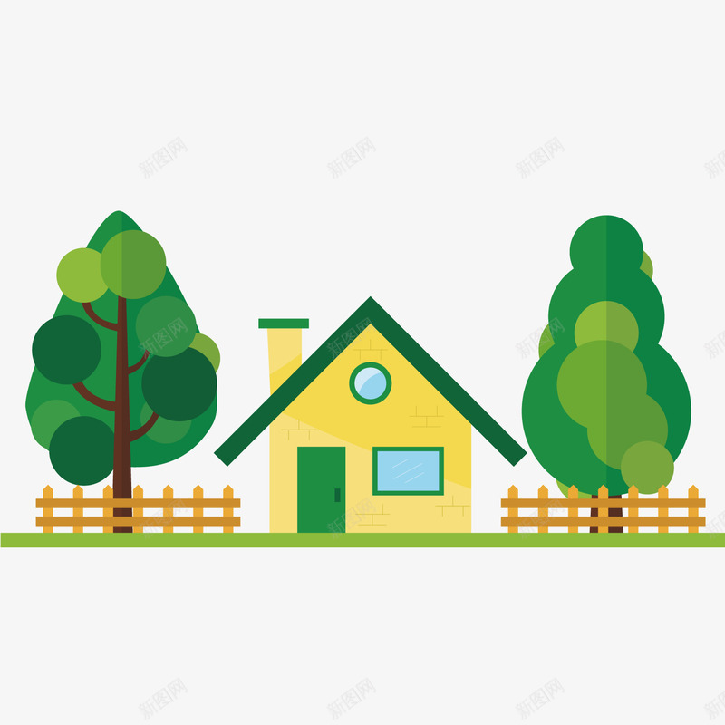 绿色植物中的小房子png免抠素材_新图网 https://ixintu.com 建筑 房子 扁平化 绿色