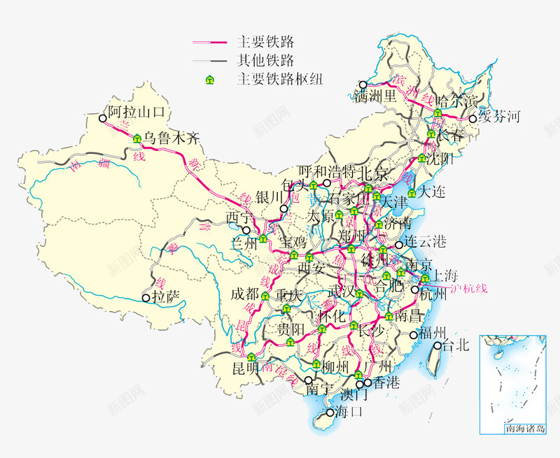 全国主要铁路分布图png免抠素材_新图网 https://ixintu.com 交通 全国分布图 区域划分 地图 地理 平面图 道路 铁路