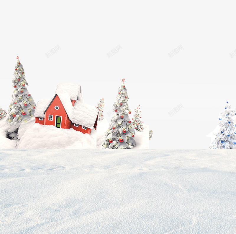 雪盖住了房子png免抠素材_新图网 https://ixintu.com 下雪 冬天 卡通 圣诞树 圣诞球 寒冷 房子 景色 白色 红色 结冰 绿色 雪景 雪花 黄色