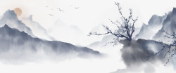 日出山水画中国风手绘水墨风景山水徽派建筑4高清图片
