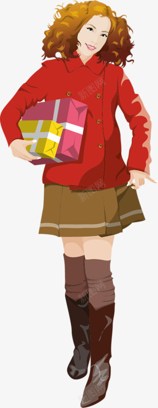 抱盒子的女孩png免抠素材_新图网 https://ixintu.com 女孩 手绘 棕发 盒子 红衣服