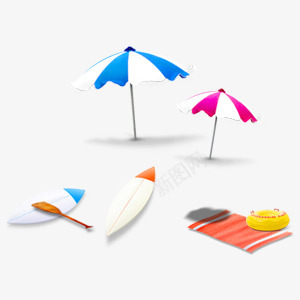 冲浪板遮阳伞沙滩毯png免抠素材_新图网 https://ixintu.com 冲浪板 沙滩毯 红色遮阳伞 蓝色冲浪板 遮阳伞
