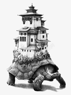 乌龟背上的房子素描画插画房子高清图片