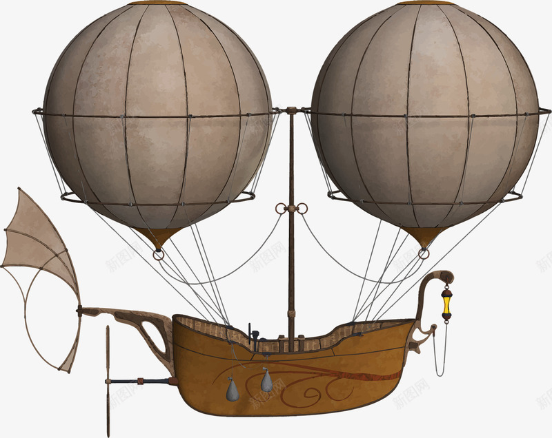 热气球动力飞船png免抠素材_新图网 https://ixintu.com 尾翼 气球 船舱 螺旋桨