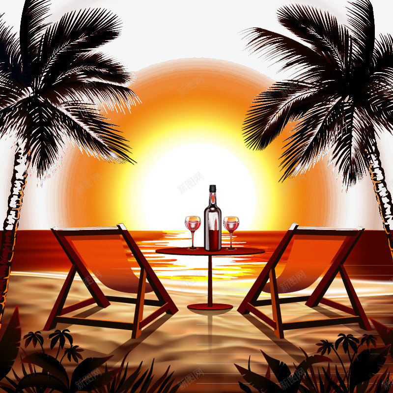 夕阳下的沙滩插画png免抠素材_新图网 https://ixintu.com 夕阳 椅子 沙滩