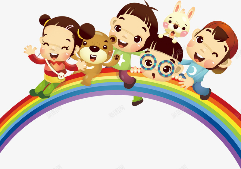 彩虹上的卡通儿童png免抠素材_新图网 https://ixintu.com 儿童 卡通 彩虹