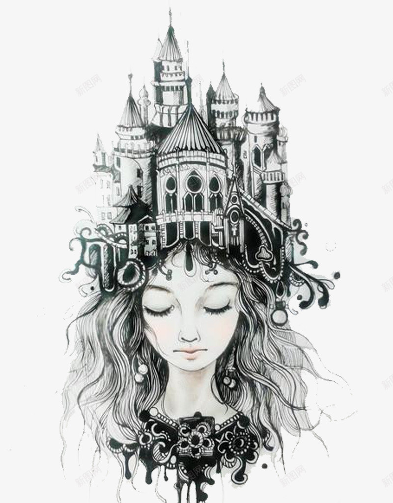 手绘美女线稿png免抠素材_新图网 https://ixintu.com 卡通美女 守护城堡 手绘美女 美女头上的城堡
