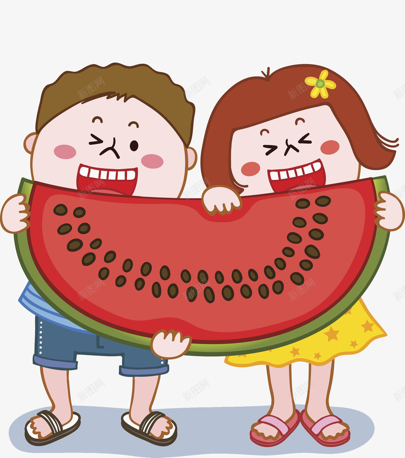 吃西瓜的孩子png免抠素材_新图网 https://ixintu.com 卡通 吃西瓜 女孩 孩子 手绘 水彩 水果 男孩 红色