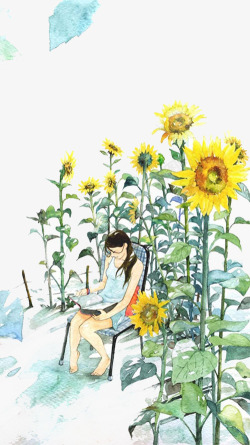 手绘少女与向日葵素材