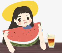 手绘插画夏至吃西瓜的小女孩插图素材