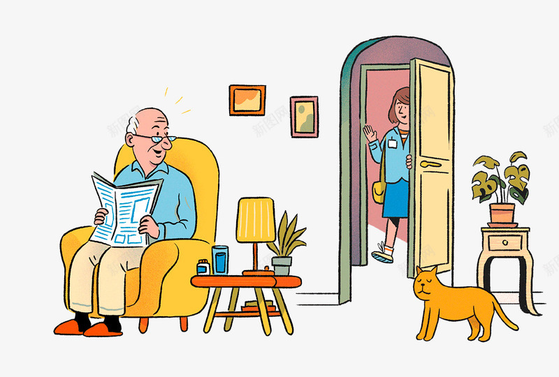 卡通房屋里的老人png免抠素材_新图网 https://ixintu.com 坐在沙发上的老人 开门的女子 猫