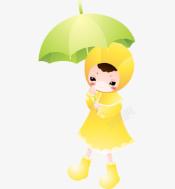 狗狗穿黄色雨衣卡通手绘穿雨衣打着雨伞小女孩矢量图高清图片