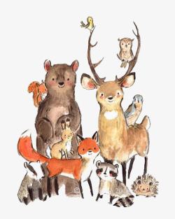 格林童话小动物狐狸手绘小动物群高清图片