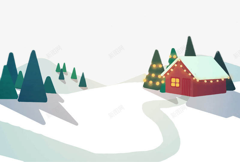 雪中的树木和房屋图案png免抠素材_新图网 https://ixintu.com 卡通 圣诞节 小路 房屋 松树 树木 白雪 简图