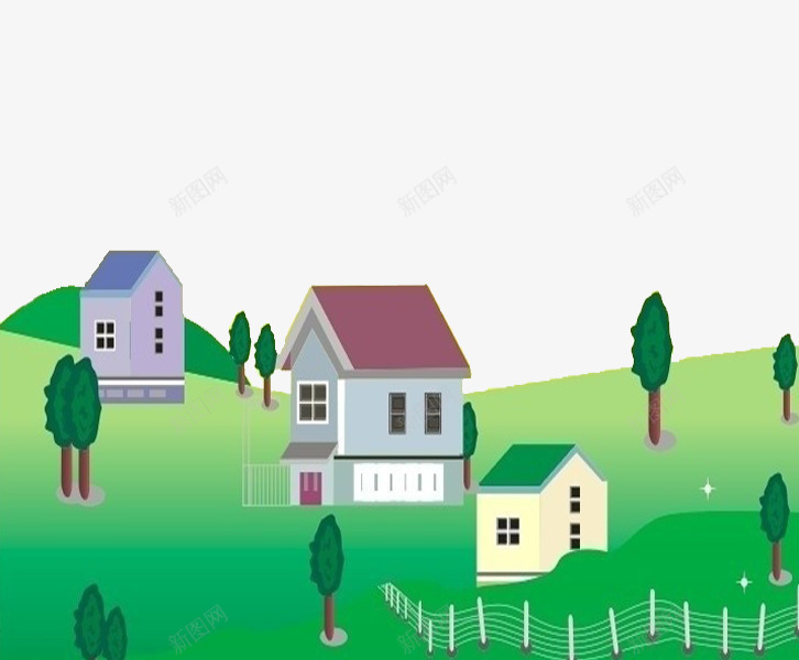 绿色的乡村png免抠素材_新图网 https://ixintu.com 乡村 乡村剪影 剪影 卡通 大树 房屋 简笔 绿色的 美丽的