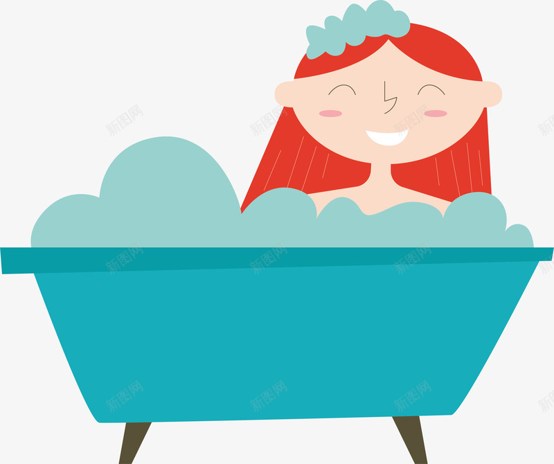 泡澡女孩png免抠素材_新图网 https://ixintu.com 可爱 大笑 女孩 手绘 泡沫 红发 蓝色浴缸