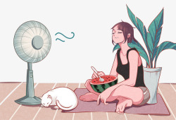 风扇吹风夏季吹风扇吃西瓜的女孩高清图片