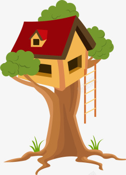 树上房屋红色屋顶卡通风格木质树屋高清图片