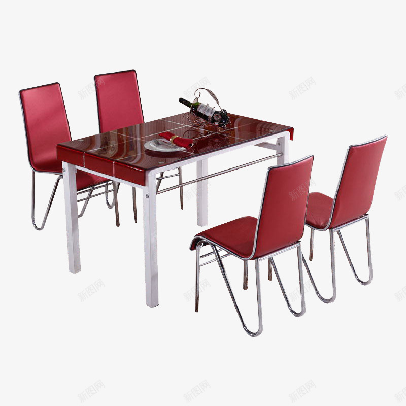 餐桌餐椅组合png免抠素材_新图网 https://ixintu.com 红色餐椅 钢化玻璃 餐桌桌面 黑色桌面