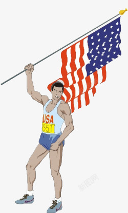 手绘举着美国国旗的男运动员素材
