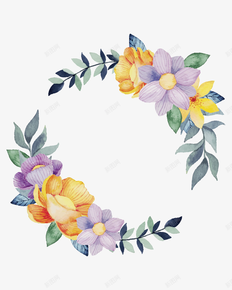 紫色黄色花朵花环png免抠素材_新图网 https://ixintu.com 叶子 桔梗 水墨 美丽的 花朵 花环 花瓣 装饰