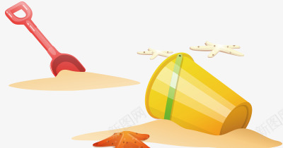 海滩玩耍工具png免抠素材_新图网 https://ixintu.com 沙子 海星 海滩 铲子 黄桶