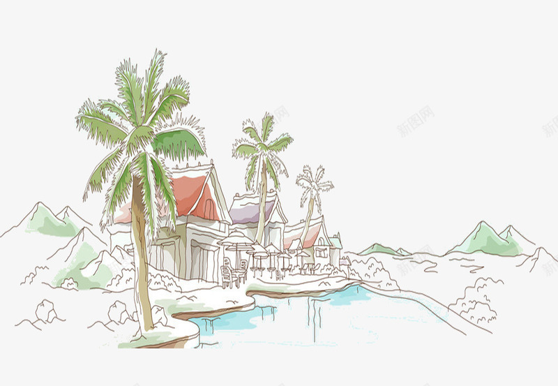 海边度假png免抠素材_新图网 https://ixintu.com 享受 我的家乡 房子 手绘 椰子树 艺术