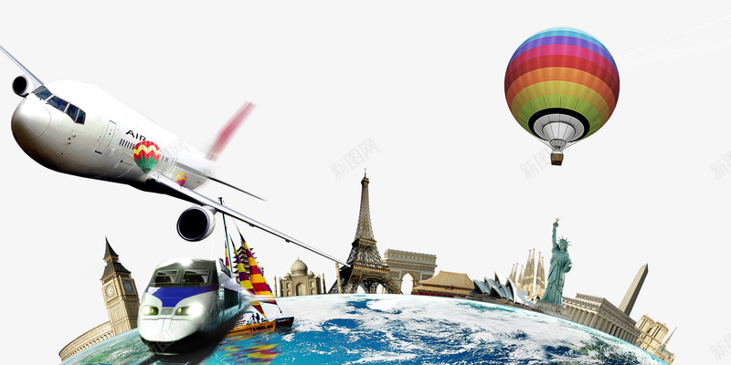 全球旅行元素psd免抠素材_新图网 https://ixintu.com 各国名胜 旅行 气球 飞行