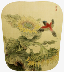 手绘扇面鸟和向日葵素材