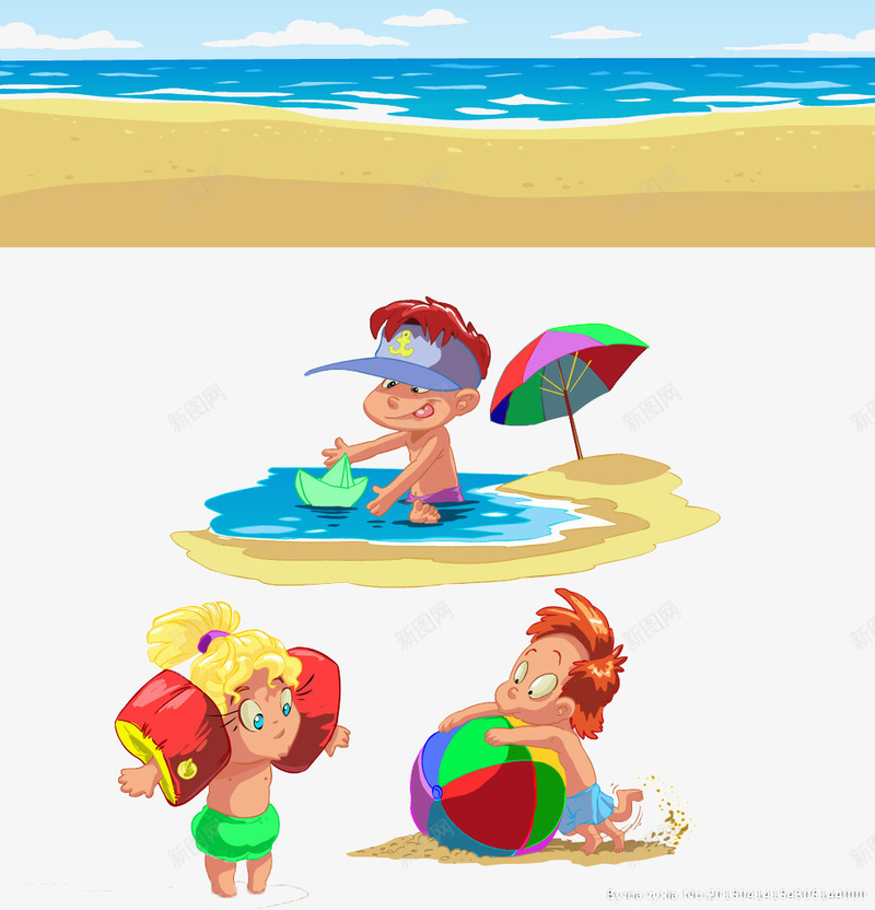 在沙滩上玩耍的卡通男孩女孩png免抠素材_新图网 https://ixintu.com 卡通 沙滩 玩耍 男孩女孩