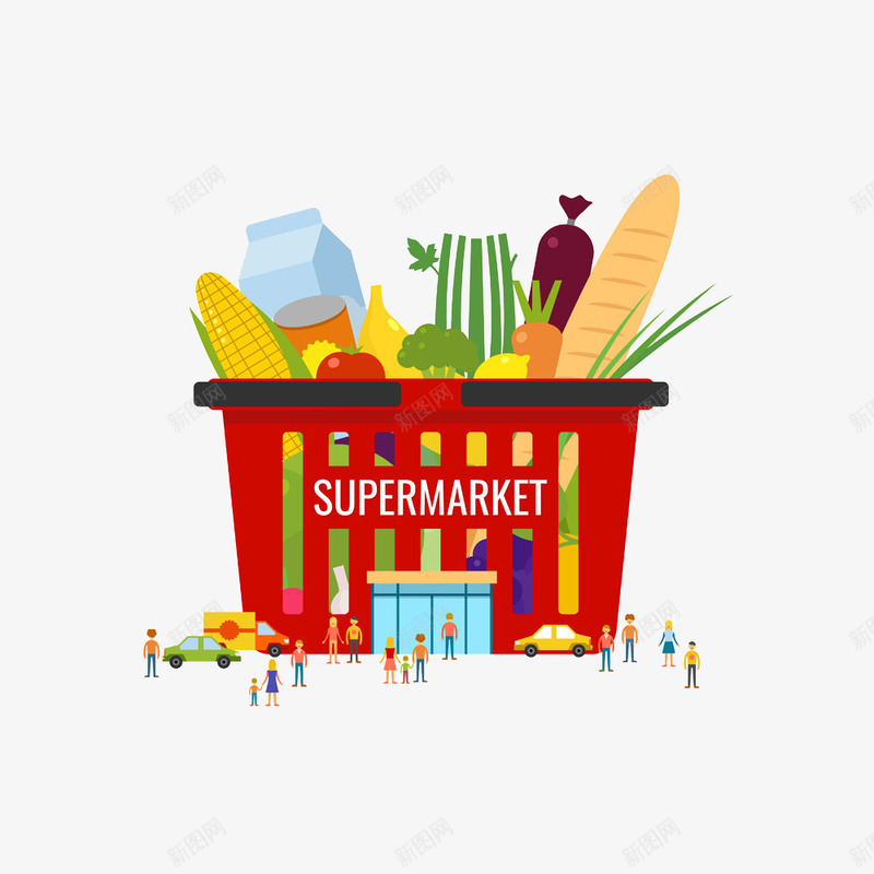 卡通超级市场png免抠素材_新图网 https://ixintu.com 商场 水果 牛奶 蔬菜 购物 超市