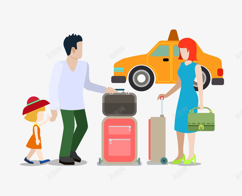 卡通情侣出行png免抠素材_新图网 https://ixintu.com 出租车 卡通情侣 卡通情侣出行素材 旅行箱 矢量卡通情侣