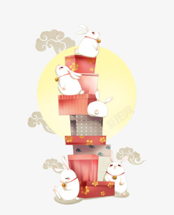 可爱的兔耳朵卡通手绘月兔礼盒插画高清图片