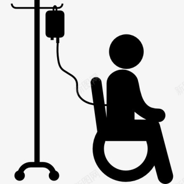 病人坐在轮椅盐水通过剪影图标图标