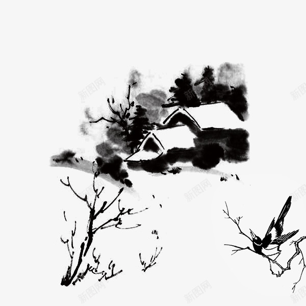 水墨画psd免抠素材_新图网 https://ixintu.com 山水画 房子 树 水墨画 装饰素材 黑色