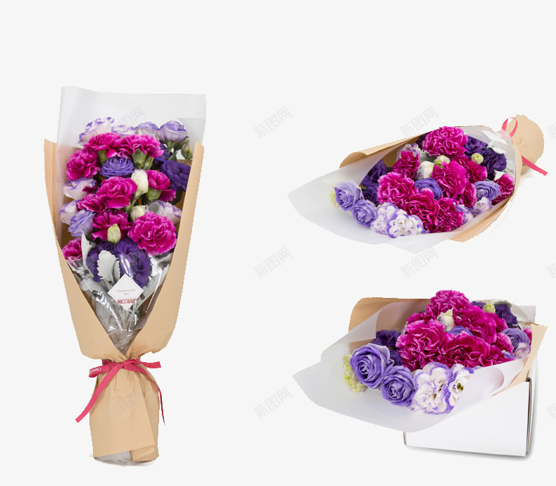 三束鲜花图案png免抠素材_新图网 https://ixintu.com 淡紫色的花 盒子里的玫瑰 粉色的玫瑰 紫色的玫瑰