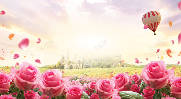 玫瑰气球梦幻浪漫玫瑰城堡海报背景七夕情人节背景