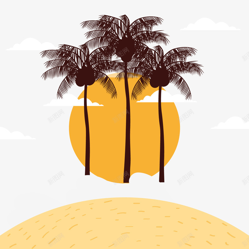 沙滩风景背景装饰png免抠素材_新图网 https://ixintu.com 卡通风景 夏威夷沙滩 夕阳 椰子树 背景装饰 风景
