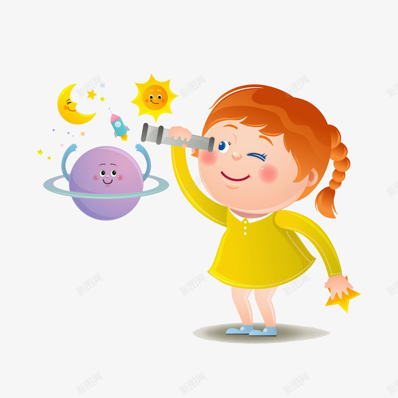 望远的女孩png免抠素材_新图网 https://ixintu.com 卡通 太阳 小女孩 星球 望远镜 漂亮的 黄色的