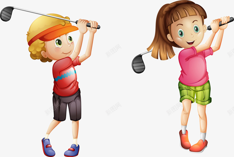 手绘打高尔夫的孩子png免抠素材_新图网 https://ixintu.com 手绘 挥杆 高尔夫球